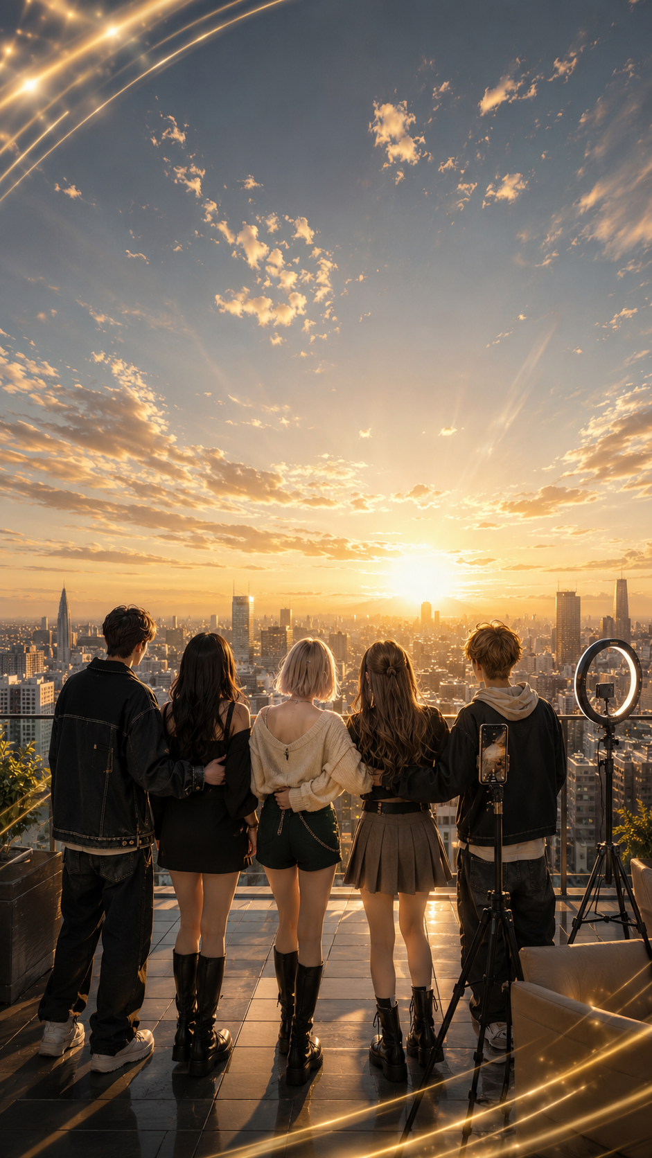 夕陽に照らされた街を見つめるライブクリエイターと配信機材