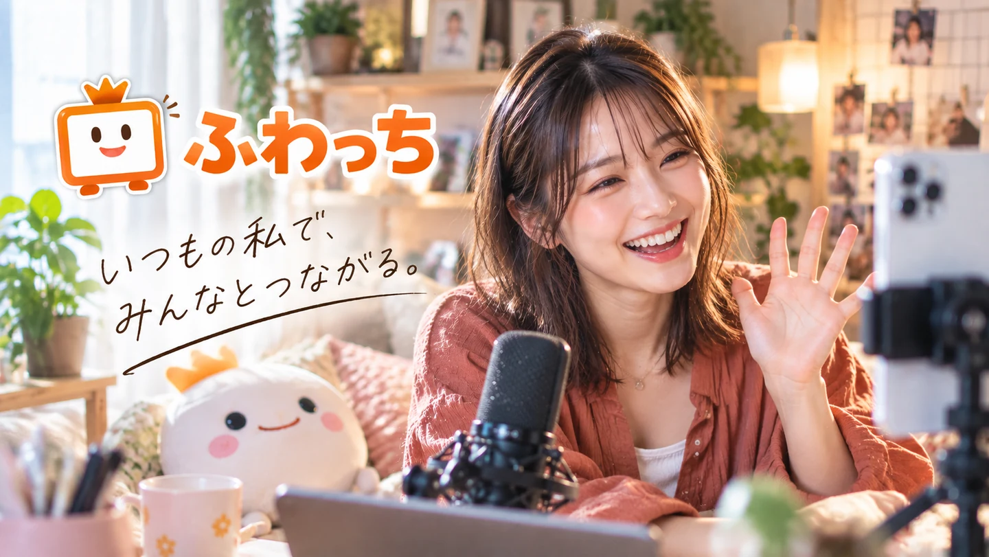 テラコッタ色の服を着た女性が、明るい配信ルームでスマートフォンに手を振る様子